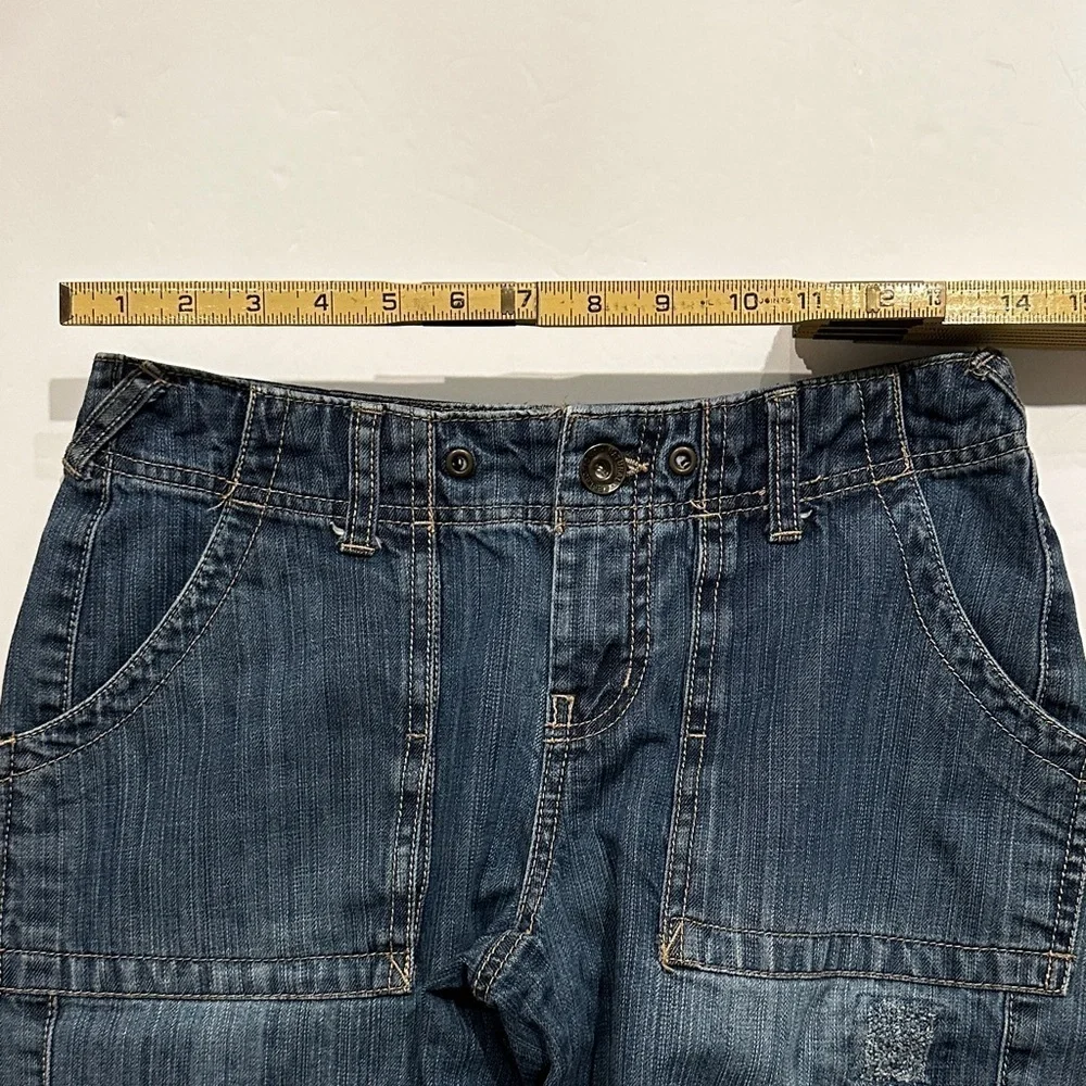 Natural Reflections distressed Blue Denim cargo Bermuda long Jean Shorts size 2